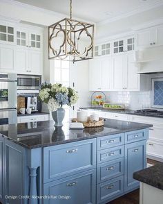 a kitchen with blue cabinets and an island