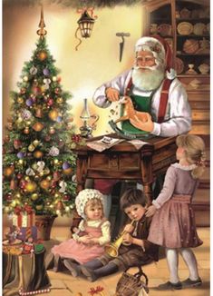 a painting of santa and children by a christmas tree