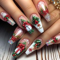 Nail Noel Christmas, Christmas Ornament Nails Art Designs, Christmas Ornaments Nail Designs, Christmas 3d Nail Art Designs, Christmas Character Nail Art, Christmas Gel Nails