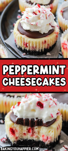 peppermint cheesecakes with white frosting and chocolate on top are shown