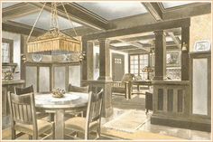 a drawing of a dining room with chairs and a chandelier hanging from the ceiling