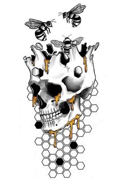 a skull with honeycombs and bees on it