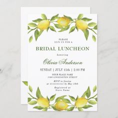 a lemon themed bridal party card with watercolors and greenery on it