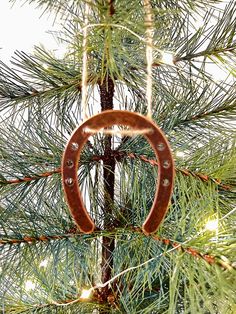 an ornament hanging from a pine tree in the shape of a horseshoe on it