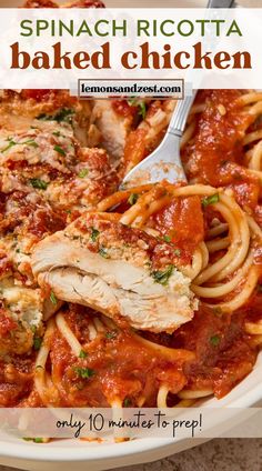 a white bowl filled with chicken parmesan pasta and topped with marinara sauce