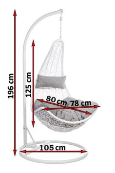 a white hanging swing chair with measurements for the seat and back side, on a white background