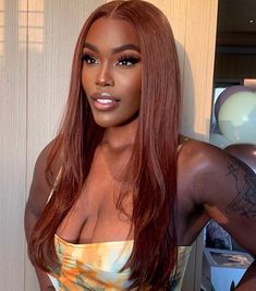 Honey Red Hair, Ginger Brown Hair, Brown Hair Dark Skin, Golden Highlights Brown Hair, Hair Color For Dark Skin, Reddish Brown Hair, Straight Lace Front Wig, Full Lace Frontal