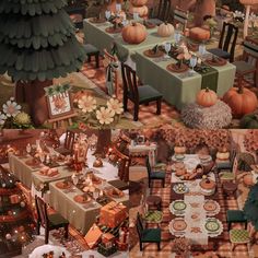 a table set up for a thanksgiving dinner with pumpkins on the tables and other decorations