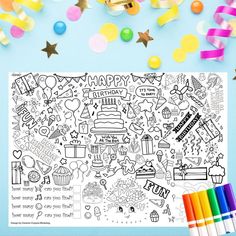 happy birthday coloring page with confetti and streamers on blue background next to colored crayons