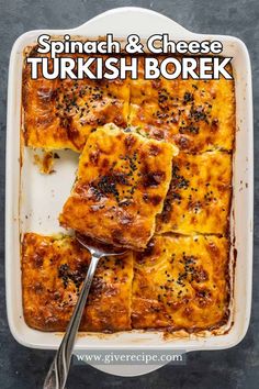 spinach and cheese turkish pork casserole in a baking dish with a serving spoon