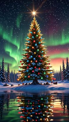 a christmas tree is lit up in the night sky with aurora lights and stars above it