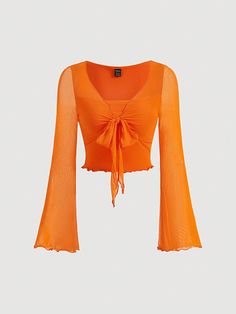 Solid Color Front Knot Bell Sleeve T-Shirt Orange Casual,Sexy  Long Sleeve Knitted Fabric Plain  Medium Stretch  Women Clothing, size features are:Bust: ,Length: ,Sleeve Length: Orange Bell Sleeve Top, Outfit With Orange Shirt, How To Style Orange Shirt, Cute Red Tops, Orange Top Outfit, Orange Clothes, Orange Long Sleeve Shirt, Orange Crop Top, Orange Tops