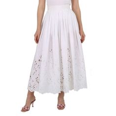 Chloe Ladies Bottoms. Fashion category: Skirts. SKU: CHC22SJU03481101. Color: White. Chloe Ladies White Embroidered Mid-Length Skirt. Cut from cotton poplin, this skirt features a high waist, a scalloped hem, hidden back zipper, mid-length, and embellished with floral and leaf motif broderie anglaise. 100% Cotton. Size: 8.  Gender: female.  Age Group: adult. Elegant Summer Skirt With Cutwork Hem, Spring Embroidered Skirted Bottoms, Embroidered Skirted Bottoms For Spring, White Embroidered Maxi Skirt For Spring, Spring Embroidered Ankle-length Bottoms, White Bottoms With Cutwork Hem For Spring, Ankle-length Relaxed Skirt For Spring, Spring Ankle-length Relaxed Skirt, Casual Summer Bottoms With Cutwork Hem