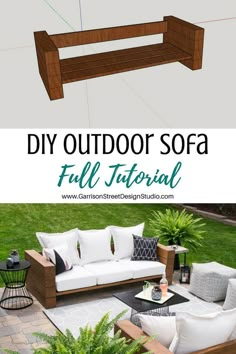 an outdoor sofa is shown with text overlay that says diy outdoor sofa full tutorial