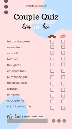 a pink and blue checklist with the words, couples quiz or hav on it