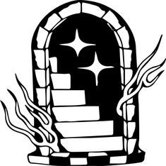 a black and white drawing of a window with flames coming out of the bottom half