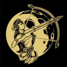 a woman holding a bow and arrow in front of the moon