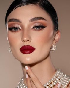 #makeuplook #beautyinspo #makeuptutorial #glammakeup #makeupgoals #makeupaddict #makeupjunkie #makeupinspiration #makeuplover #makeupoftheday #makeupideas #makeupartist #makeupcommunity #makeupobsessed #makeuptransformation Bridal Red Lipstick, Bride With Red Nails, Makeup To Wear With Red Dress, Dark Red Dress Makeup, Wet Look Eyeshadow, Eye Makeup For Red Lipstick, Makeup With Red Outfit, Glam Makeup With Red Lips, Wedding Makeup Red Lipstick