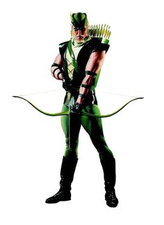 a man in green and black outfit holding a bow with one hand on his hip