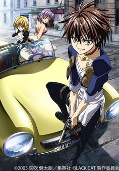 an anime character is standing next to a yellow car with two other characters in the background