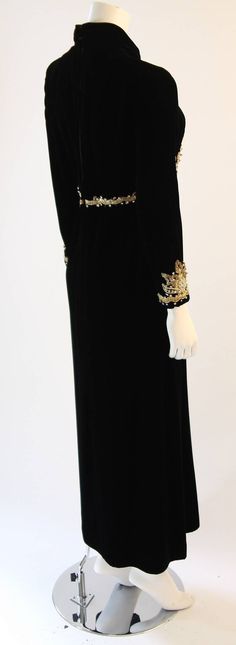 Brilliant Black Velvet Rhinestone Embellished Gown For Sale 2 Luxury Gold Gown With Long Sleeves, Luxury Long Sleeve Gold Gown, Gold Long Sleeve Gown For Reception, Elegant Evening Dress With Gold Embroidery For Gala, Elegant Gala Gown With Gold Embroidery, Gold Embroidered Evening Dress, Elegant Gown With Gold Embroidery For Gala, Vintage Long Sleeve Evening Dress For Formal Occasions, Vintage Long Sleeve Formal Gown