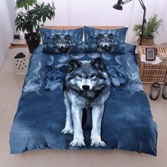 the wolf is sitting on the bed with his head turned to look like he's in the moon