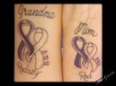 two tattoos with the words grandma and son on their arms, one has a purple ribbon