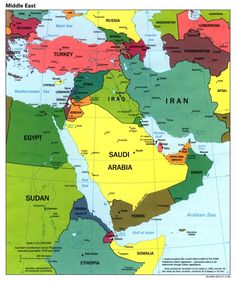 an iphone screen showing the map of middle east and middle eastern asia, with countries marked in bright colors