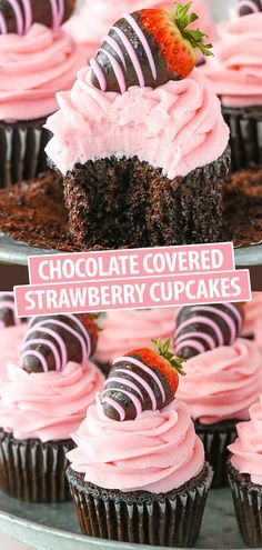 chocolate covered strawberry cupcakes with pink frosting and strawberries on the top