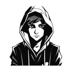 a black and white drawing of a person wearing a hoodie