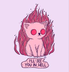 a white cat with red eyes sitting in front of a pink background that says, i'll'll see you in hell