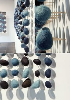 there are two pictures with balls on the wall and one is made out of rocks