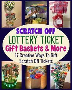 a bunch of baskets that are in front of a wall with the words scratch off lotty ticket gift baskets and more