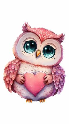 an owl with big blue eyes holding a pink heart