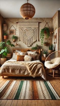 a bedroom with a bed, rugs and plants on the wall above it is decorated in earth tones