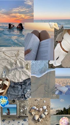 a collage of pictures with people in the water and beach items on them, including an open book