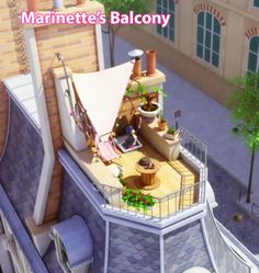 an aerial view of a balcony with potted plants on it and the words marniette's balcony above it