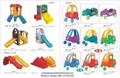 children's plastic toys with different colors and shapes, including sliders, cars, and slides