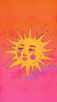 a drawing of a sun with two eyes and one eye open, on a pink background