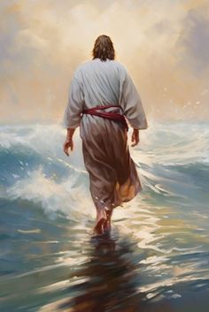 a painting of jesus walking into the ocean with his hands in his pockets and feet in the water