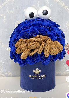 a cookie monster made out of cookies in a blue hat box with eyes on it