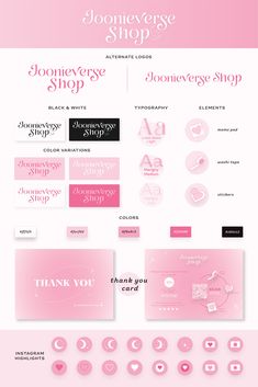 a pink and white website design with lots of different items on the front, side and back