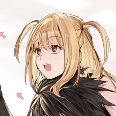 an anime character with long blonde hair and black feathers on her head, looking at the camera