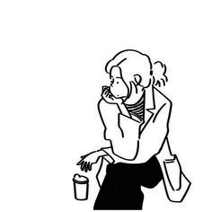 a black and white drawing of a woman talking on a cell phone while holding a cup