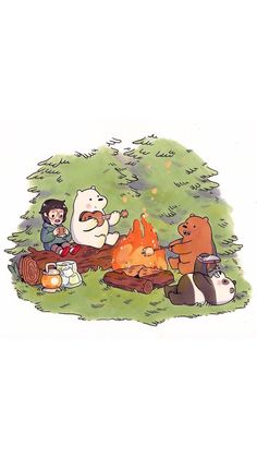 two bears are sitting around a campfire and another bear is standing next to it