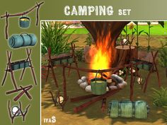 an image of a camping set with fire and campfire in the middle of it