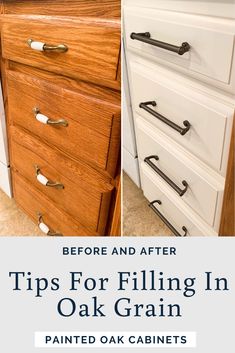 the before and after tips for filing in oak grain painted oak cabinets