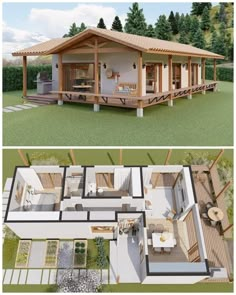 two pictures showing the inside and outside of a small house with porches on each floor