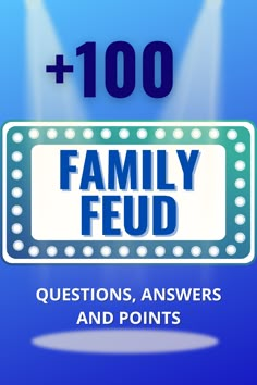 a blue background with the words family fud on it and two spotlights above them