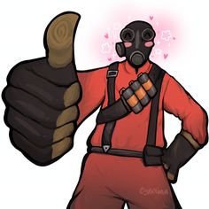 a man wearing a gas mask and holding a thumbs up